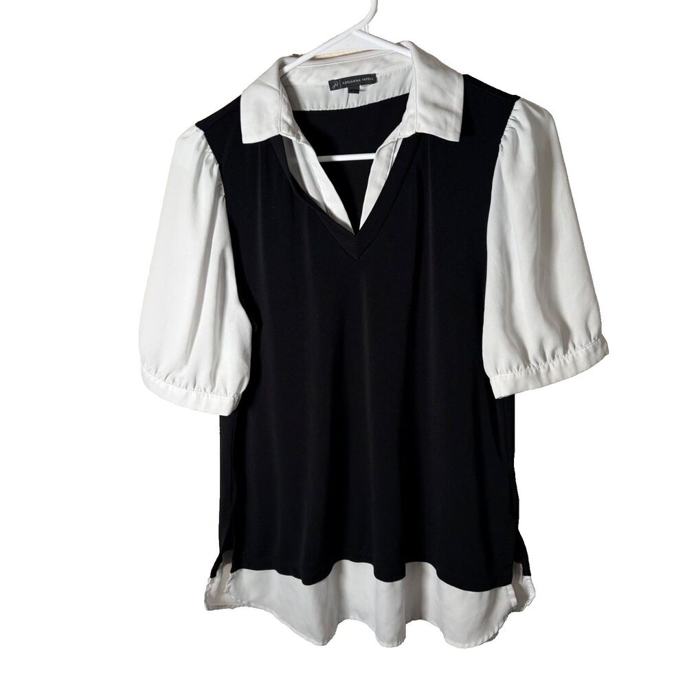 Adrianna Papell Blouse Women's Small Black White Collared Short Sleeve Top